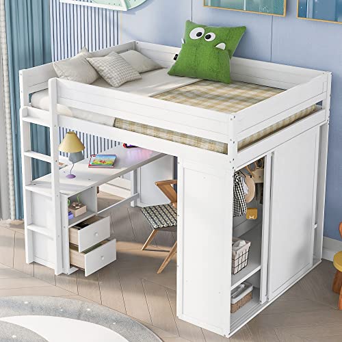 Full Size Loft Bed with Storage Wardrobe and Desk Wooden Loft Beds Frame with Drawers and Cabinet Wood High Loft Beds with Ladder for Kids Teens Adults, White