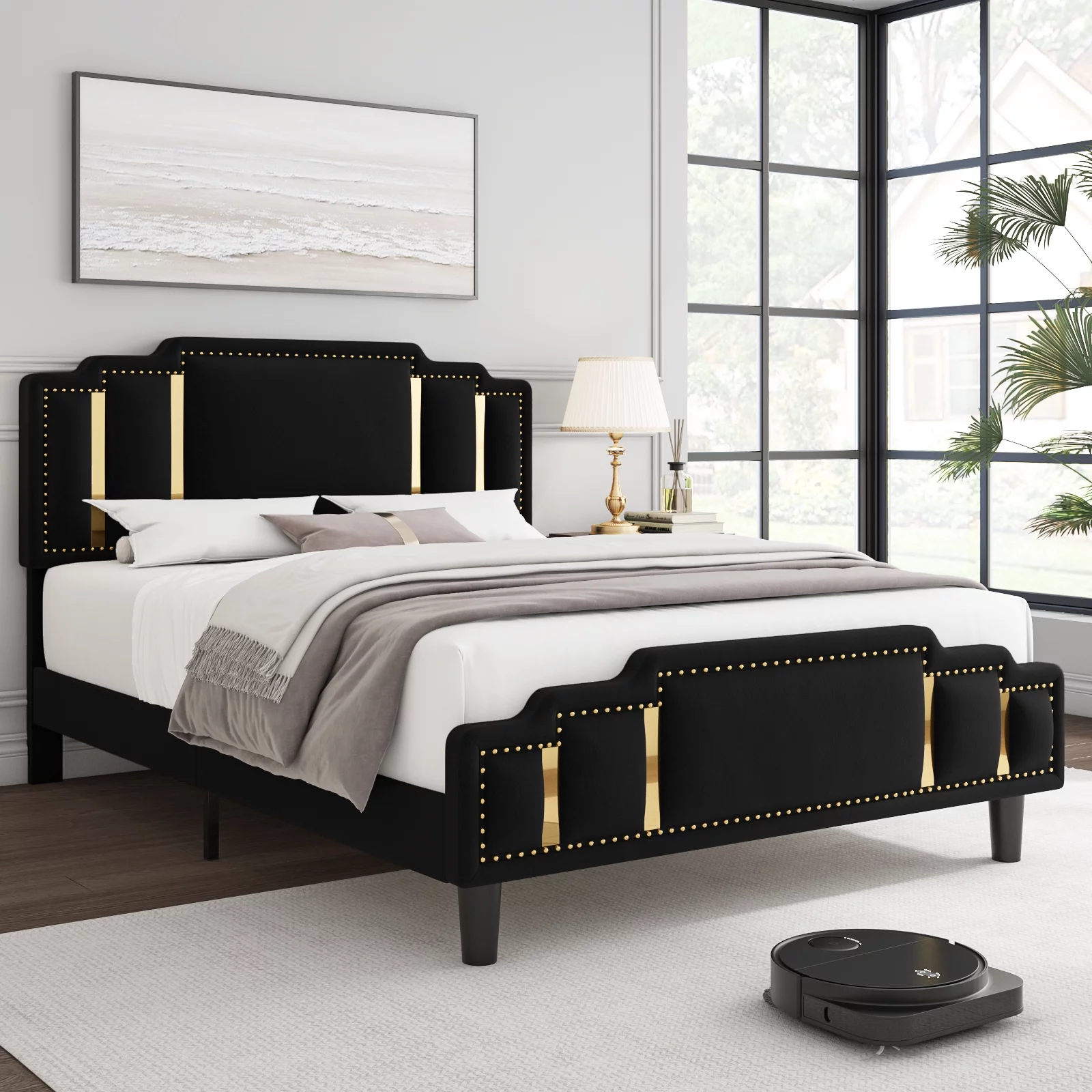 Homfa Queen Bed Frame, Luxury Velvet Upholstered Headboard with Golden Iron Sheet & Rivets, Platform Bed with Adjustable Headboard, Black