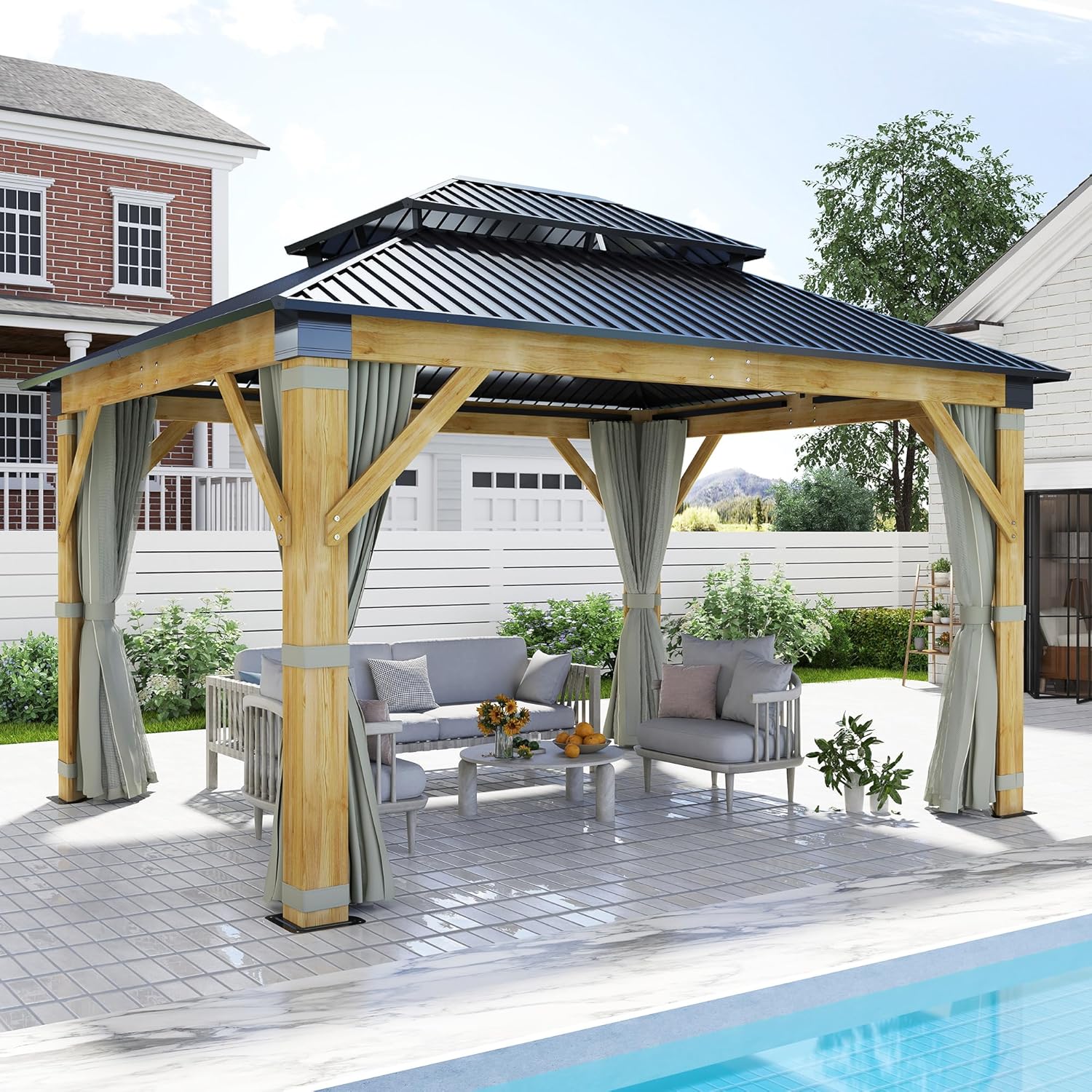 11’x13’ Patio Wooden Gazebo, Galvanized Steel Roof Gazebo with Olive Green Curtains and Netting, Double Vented Roof Hardtop Gazebo for Garden, Porch, Lawn, Poolside, Backyard