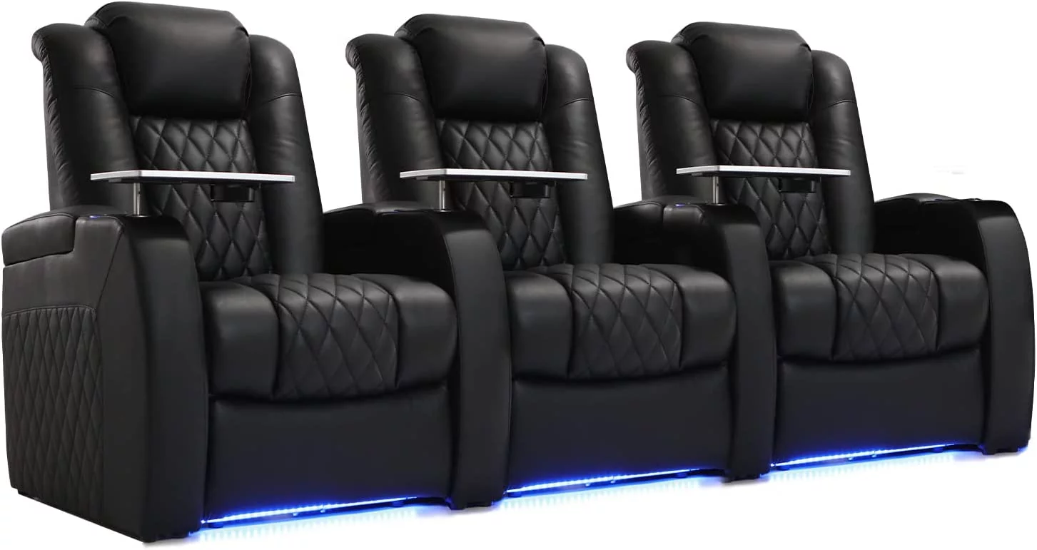 Weilianda Home Theater Seating Top Grain Leather Recliner Chair Dual Power Movie Gaming Sofa Electric Headrest with Tray Table Type-C USB Charge Cup Holders Row of 3 Black
