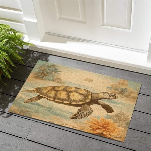 Nautical Beach Ocean Theme Turtle Front Door Mat Coir Fiber Front Doormat Coastal Seascape Painting Indoor and Outdoor Mats Closing Realtors Gift Durable Home Backyard Stylish Farmhouse Décor 16x24in