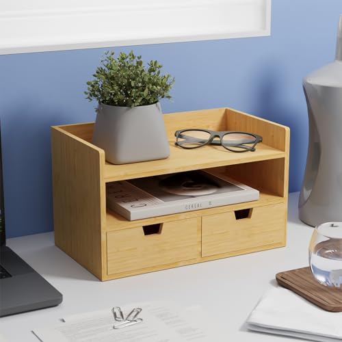 Bamboo Desk Organizer - Mini Desktop Drawer Tabletop Storage Organization Box for Office Home Toiletries Supplies, No Assembly Required (3 Drawer with big drawer)