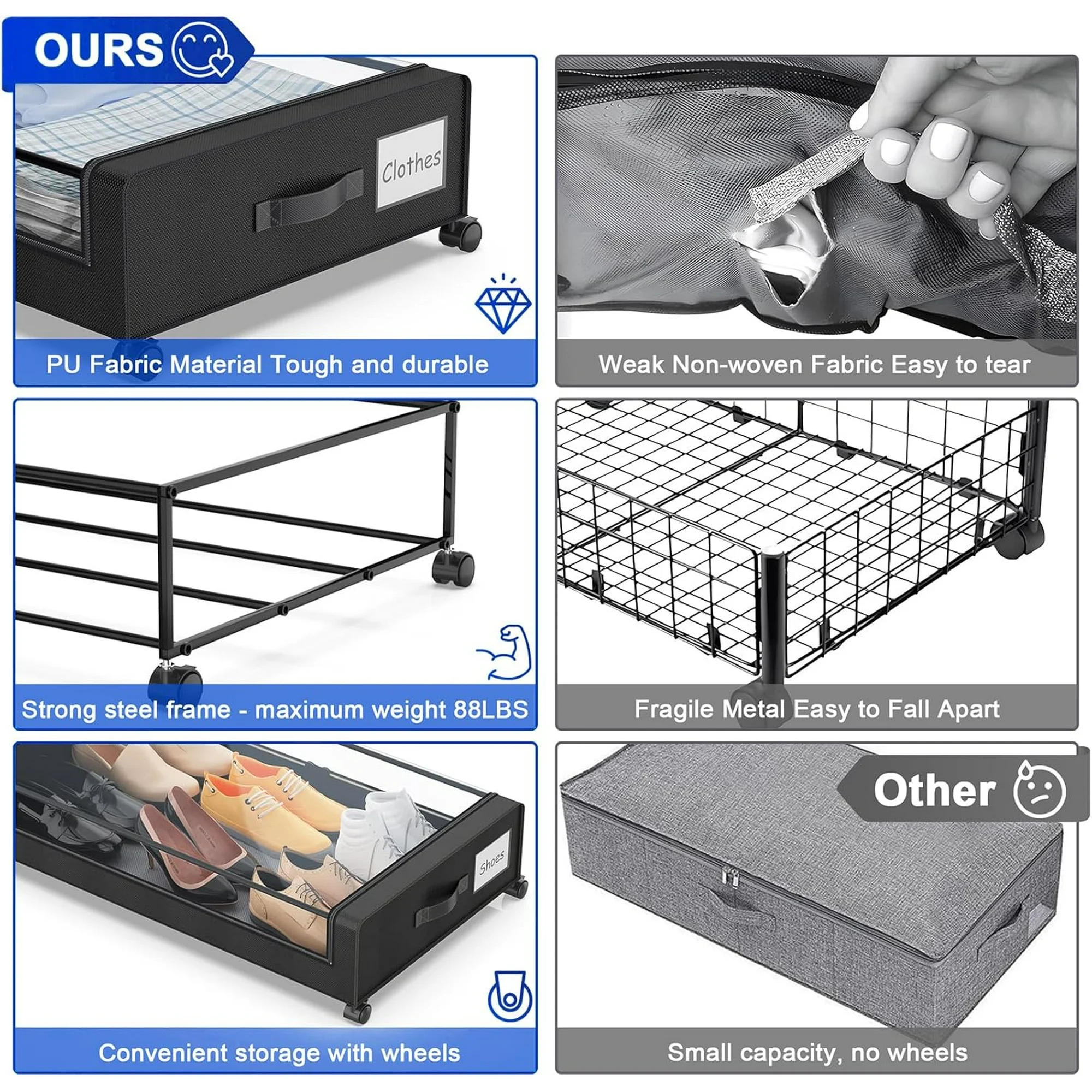 Under Bed Storage with Wheels, 2-Pack Under Bed Storage Containers with Clear Lids, XXL 60L Under the bed storage Organizer Bins, Rolling Under Bed Metal Drawer for Clothes,Shoes,Toys (Black)