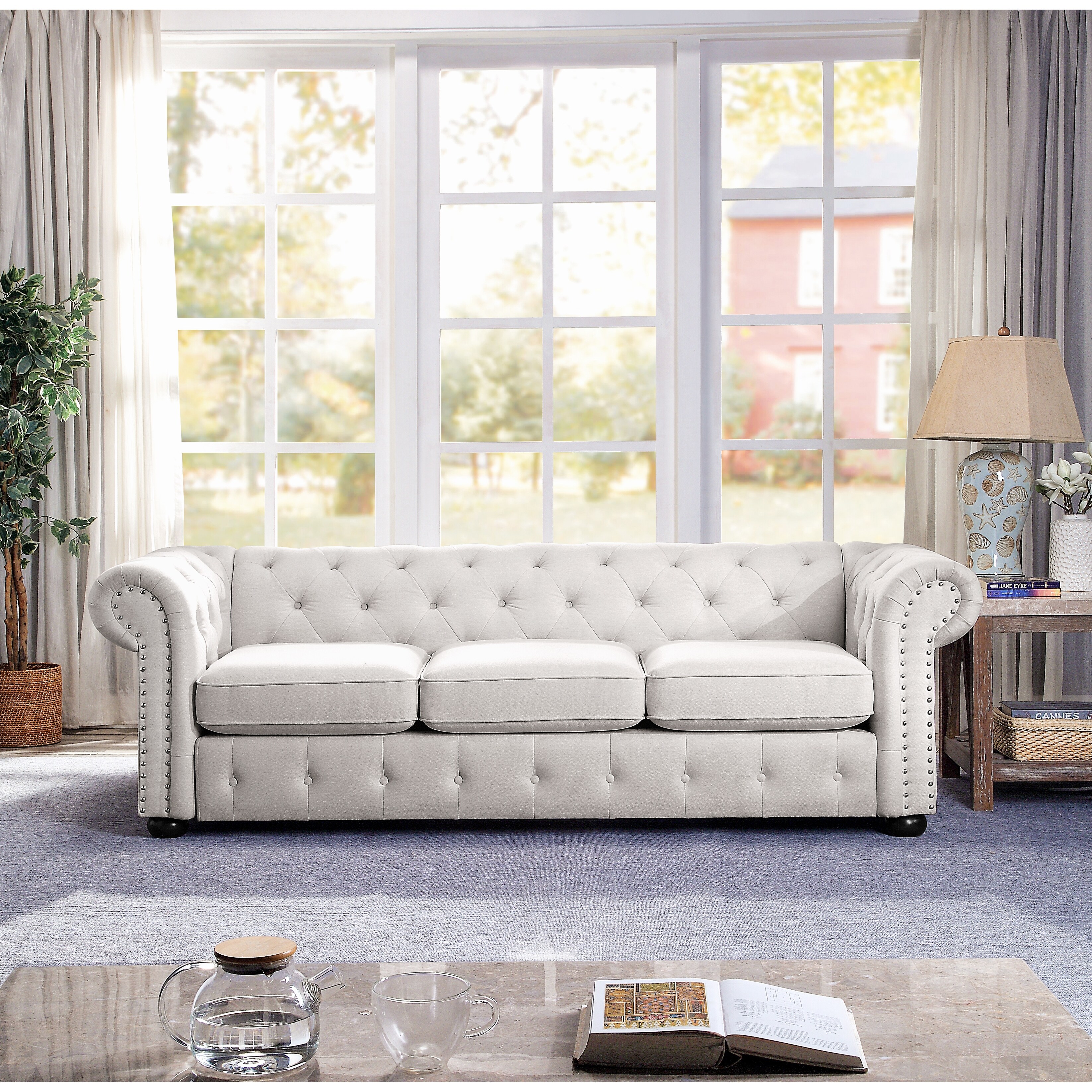 Corvus  Aleksis Tufted Chesterfield 3-seater Sofa with Rolled Arms Light Grey Wood, Linen Nailheads, Removable Cushions