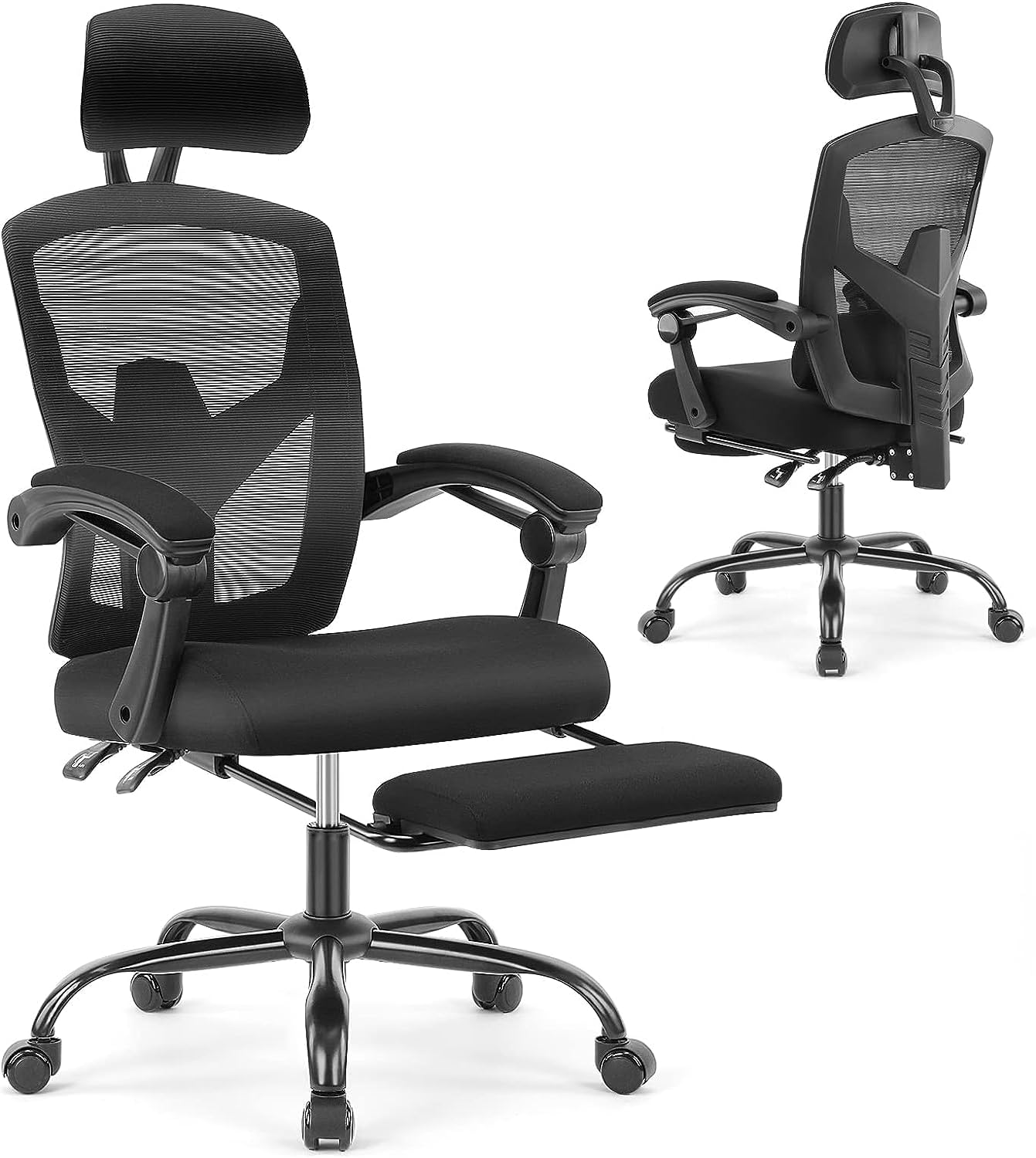 Ergonomic Office Chair, Reclining High Back Mesh Chair, Computer Desk Chair, Swivel Rolling Home Task Chair with Lumbar Support Pillow, Adjustable Headrest, Retractable Footrest and Padded Armrests