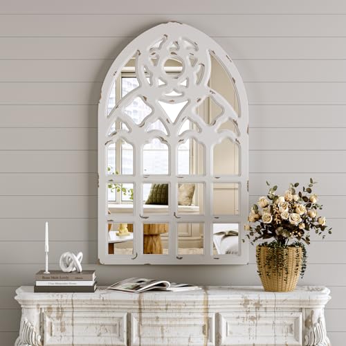Arched Window Mirror, Big Wall Mirrors Decorative with Wood Framed,Large Retro Farmhouse Mirrors,Window Pane Mirror Decor for Kitchen Entryway Living Room Bedroom Bathroom White(23.6