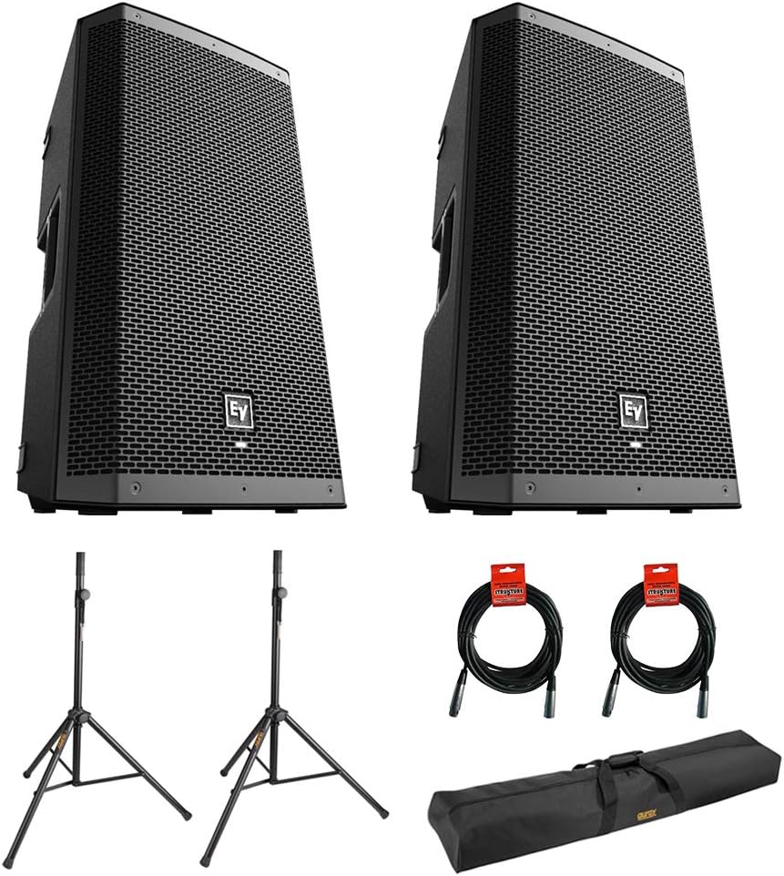 Electro-Voice ZLX-12BT 12 2-Way 1000W Bluetooth Powered Loudspeaker (Pair) with 2x Steel Speaker Stand, Stand Bag 51 and 2x XLR Cable Bundle