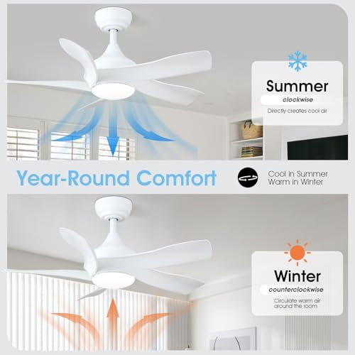 36 Inch Ceiling Fans with Lights Remote/APP Control, 2 Downrods Flush Mount Ceiling Fans with Reversible 5 Curved Blades, 6 Speeds 3 Colors Dimmable for Bedroom Dining Room Kids Room, White