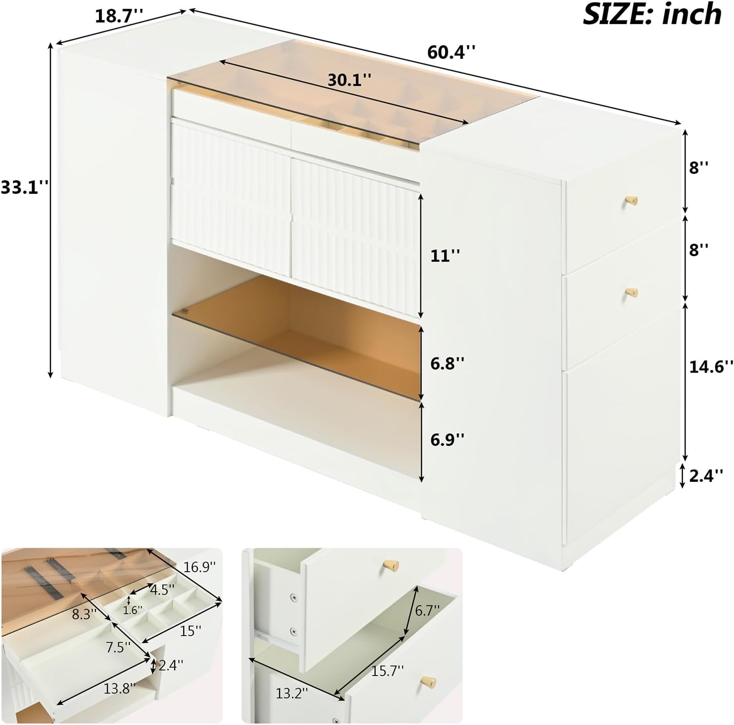 Wardrobe Armoire Bedroom Island with Glass Top, Closet Island with 6 Drawers, 3 Cabinets, Glass Display Shelf Island Dresser Wooden Closet Storage Cabinet for Walk-in-Wardrobe Bedroom Shops