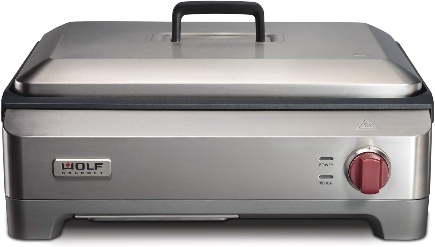 Wolf Gourmet Precision Electric Griddle, Indoor Grill, 200 sq. in, Nonstick Coating, Advanced Temperature Control, Stainless Steel, Red Knob (WGGR100S)