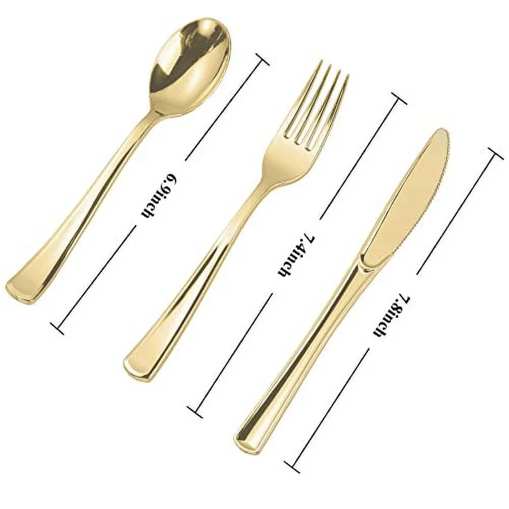 N9R 300PCS Gold Plastic Silverware - Gold Plastic Cutlery Set Disposable Flatware Dinnerware -100 Gold Forks, 100 Gold Spoons, 100 Gold Knives for Party, Birthday, Wedding Gold Utensils