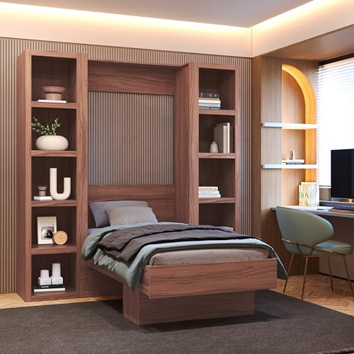 Oakland Living Easy-Lift Queen Murphy Wall Bed in Brown Wood Grain with Two Bookshelves