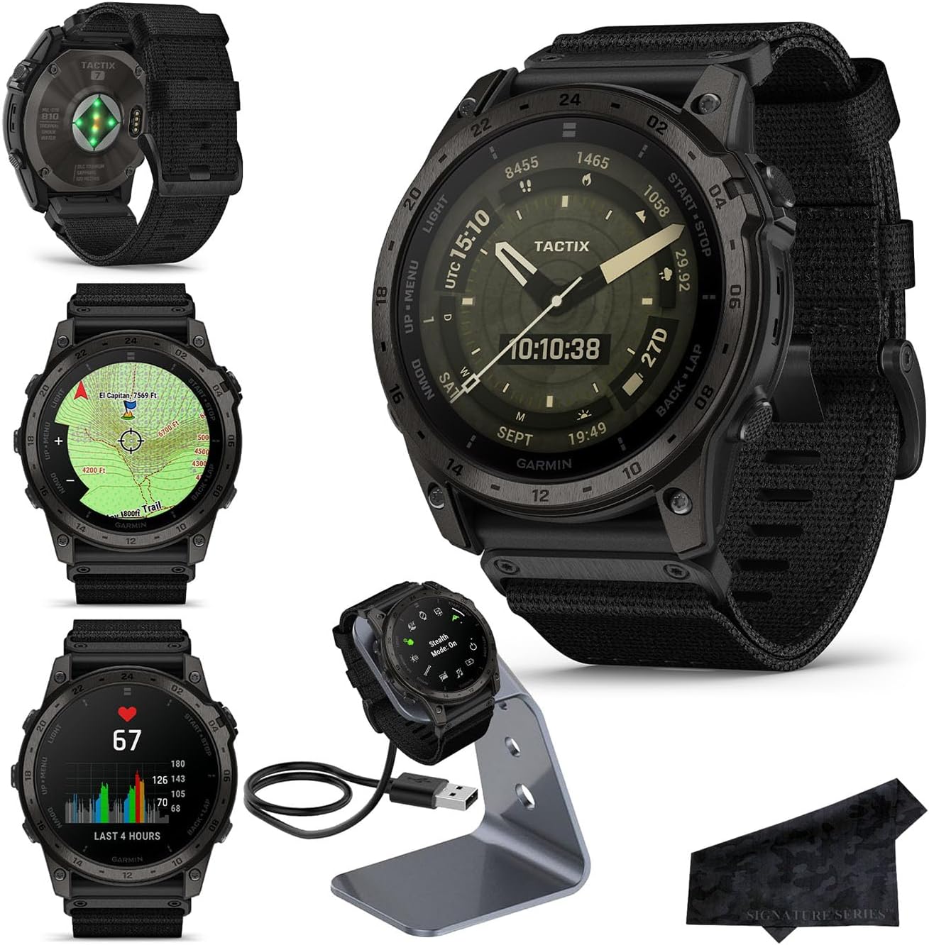 Garmin tactix 7 AMOLED Edition Tactical Military GPS Smartwatch | Touchscreen, Stealth Mode, Flashlight, Multicontinent Mapping, Weather, Health Metrics | Signature Series Watch Stand Bundle