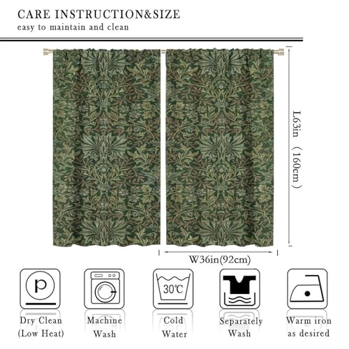Vintage Curtains William Morris Floral Design Strawberry Thief Vintage Green Living Room Curtains for Kitchen Bedroom Printed Curtains 42x45 Inch 2 Panels(Decor)