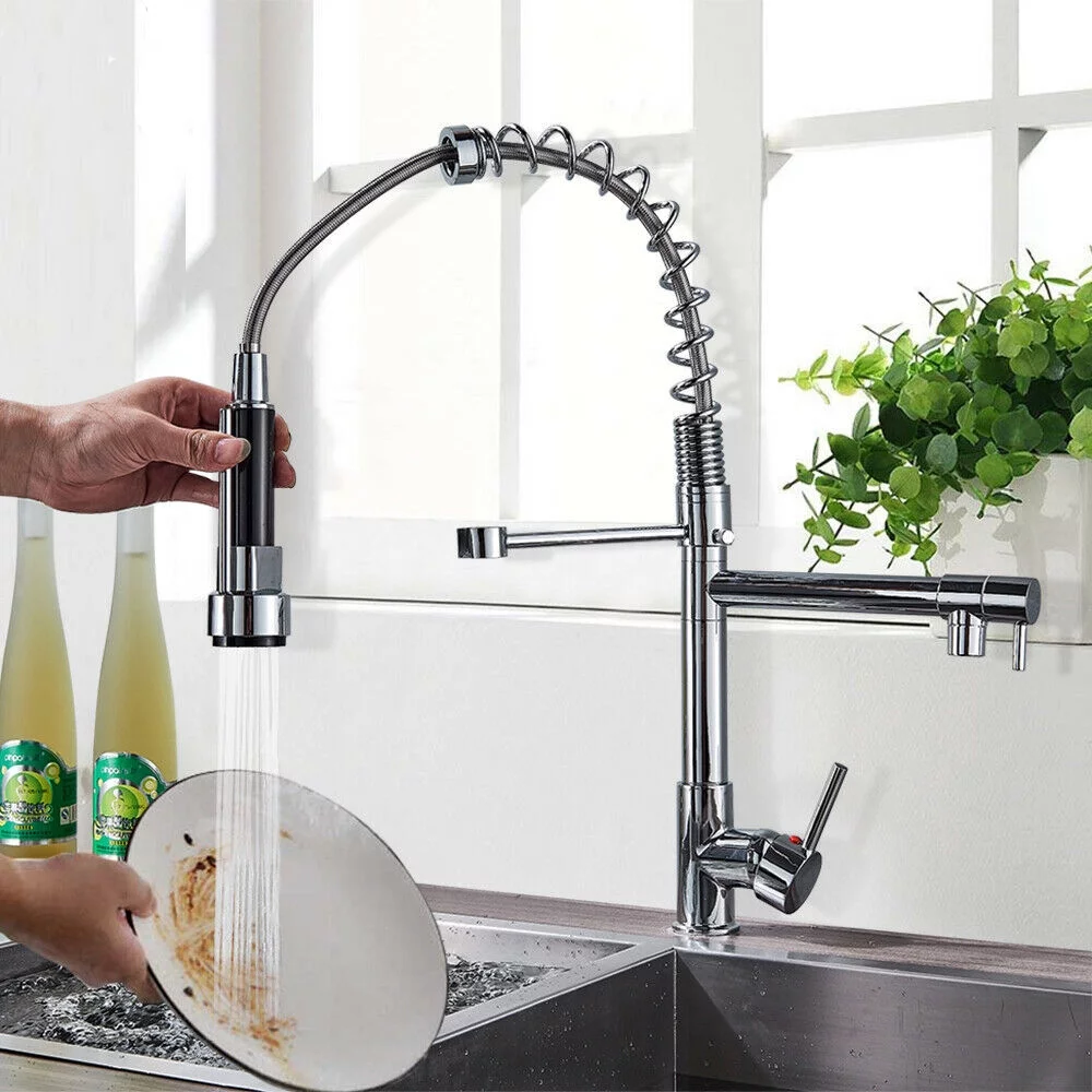 CES Commerical Kitchen Faucet with Pull Down Sprayer, Single Handle Kitchen Sink Faucet with 2 Spout, Brushed Nickel