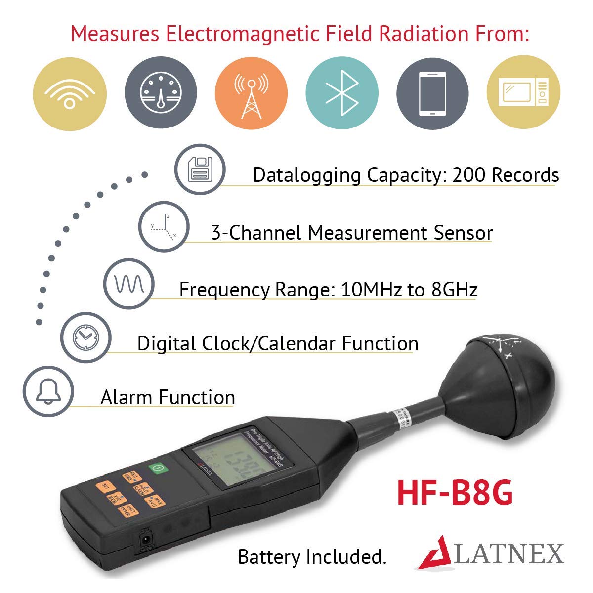 RF EMF meter HF-B8G High Frequency 10Mhz-8Ghz. Measures Wide-Range Electromagnetic Radiation from Cell Towers-Smart Meters-Wi-Fi-Cordless and Cell Phones-3G-4G-LTE & 5G Networks