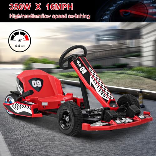 36V Electric Go Kart for Kids, Fast 350W Motor 16 MPH Drift Kart with 350W Motor, Crazy Cart for Kid 6-12 Years Old, Go Carts Mop for Kids Adult,Drift/Sport Mode, Length Adjustment US Plug