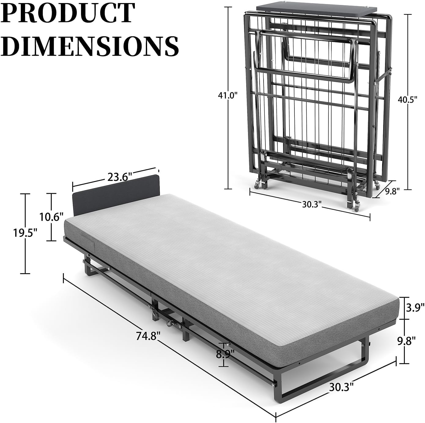 Folding Bed with 4-Inch Mattress, Metal Cot Size Rollaway Bed for Adults, Fold up Guest Bed on Wheels, 350-Pound Capacity