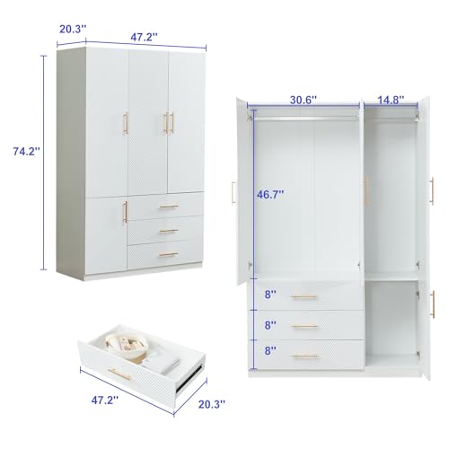 White 4 Doors 3 Drawers Large Closet Cabinet Wardrobe Armoire Bedroom Freestanding Clothes Storage Organizer with Hanging Rod & Shelves, Bathroom Wooden Organizer (20.3