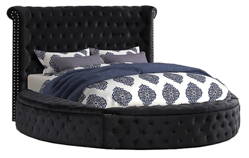First of a Kind Circle Velvet tufted upholstered platform storage bed, Circle Bed with Button Tufting and Storage Compartments in Rails and Footboard, circle bed frame (Cream, California King)