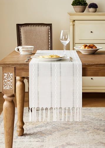 Hemstitched Farmhouse Table Runner, Charcoal 13x72 Inch, Cotton Linen Table Runners 72 Inches Long, Embroidered Striped Grey Boho Table Runner Rustic Home Decor