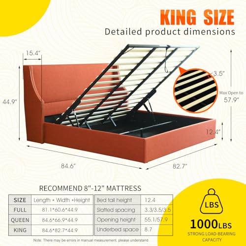 Queen Size Hydraulic Lift Bed, Upholstered Platform Storage Bed, Dual Wing Back Headboard with Gold Line Accents, Hydraulic Support Bars, No Box Spring Required, Easy Assembly (OCHER, King)