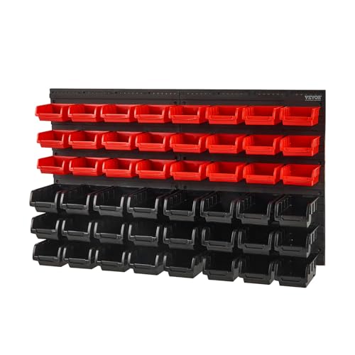 VEVOR 48-Bin Wall Mounted Storage Bins Parts Rack Organizer Garage Shop Tool Organizer for Screws, Nuts, Bolts, Nails, Beads, and Small Hardware Parts, With Wall Panels