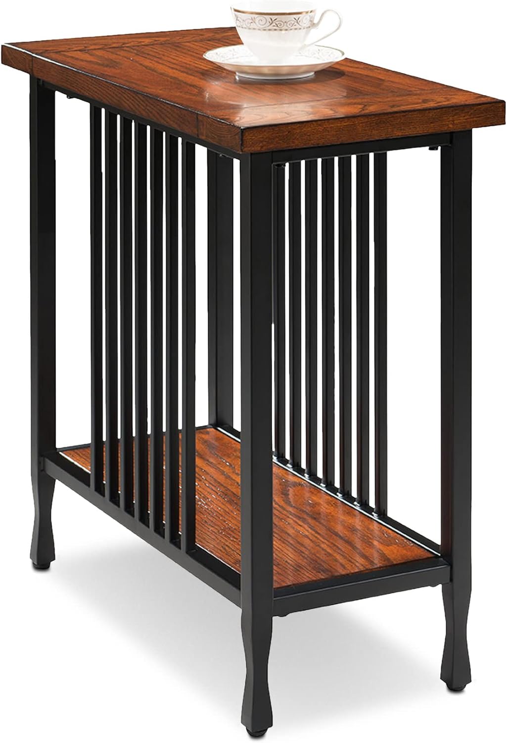 Leick Home 11205 Ironcraft Rustic Narrow Chairside Table with Shelf, Mission Oak and Matte Black