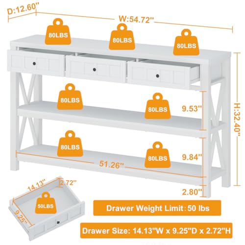 FATORRI Industrial Console Table for Entryway, Rustic Sofa Table with Shelf and 3 Drawers for Living Room, Farmhouse Foyer Table and Couch Table Behind Sofa (54.72 Inch Long, Walnut Brown)