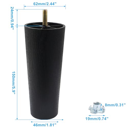 4Pcs 6 inch Sofa Legs, Round Furniture Legs Tapered Couch Legs Plastic Replacement Furniture Legs with M8 Hanger Bolts for Couch Table Sofa