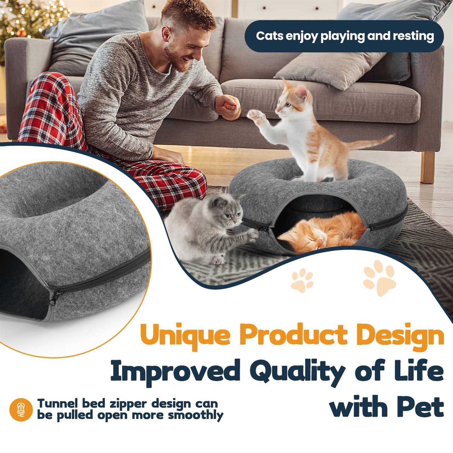 HOMAGICO Cat Tunnel Bed,Peekaboo Cat Cave with Pet Blanket,Detachable Donut Tunnels for Indoor Cats,Cat Tunnel Toy,Felt Round Cat Bed Suitable - Pet Supplies online store
