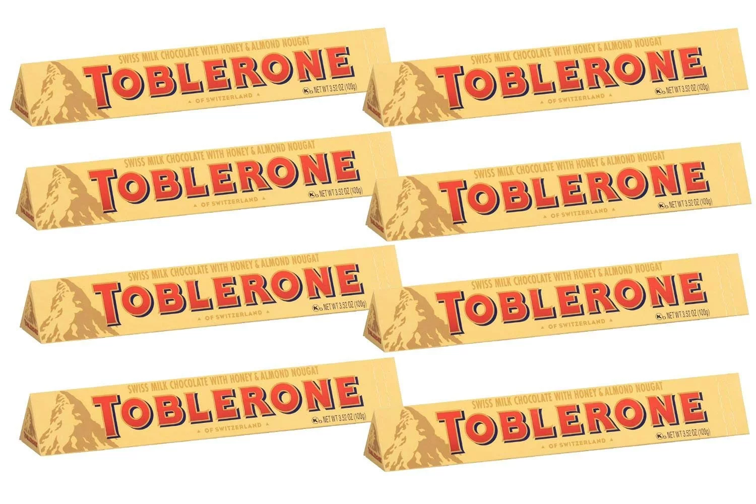 Toblerone Swiss Milk Chocolate with Honey and Almond Nougat, 100 gram/3.52 Ounce (Pack of 8)
