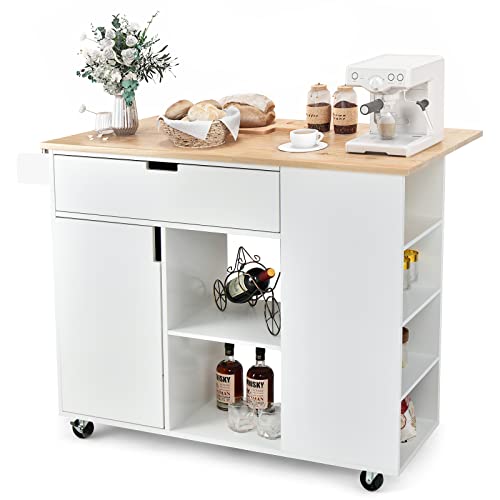 LOKO Kitchen Island with Drop Leaf, Rolling Kitchen Storage Cart with Drawer, Cabinet, 6 Open Shelves, Spice Rack & Towel Bar, Rolling Kitchen Island with Storage & Lockable Wheels (Black)