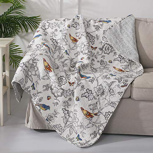 Levtex Home - Mockingbird Quilt Set - Full/Queen Quilt 88x92in. + Two Standard Pillow Shams 26x20in. - Grey Toile with Birds and Butterflies - Reversible - Cotton