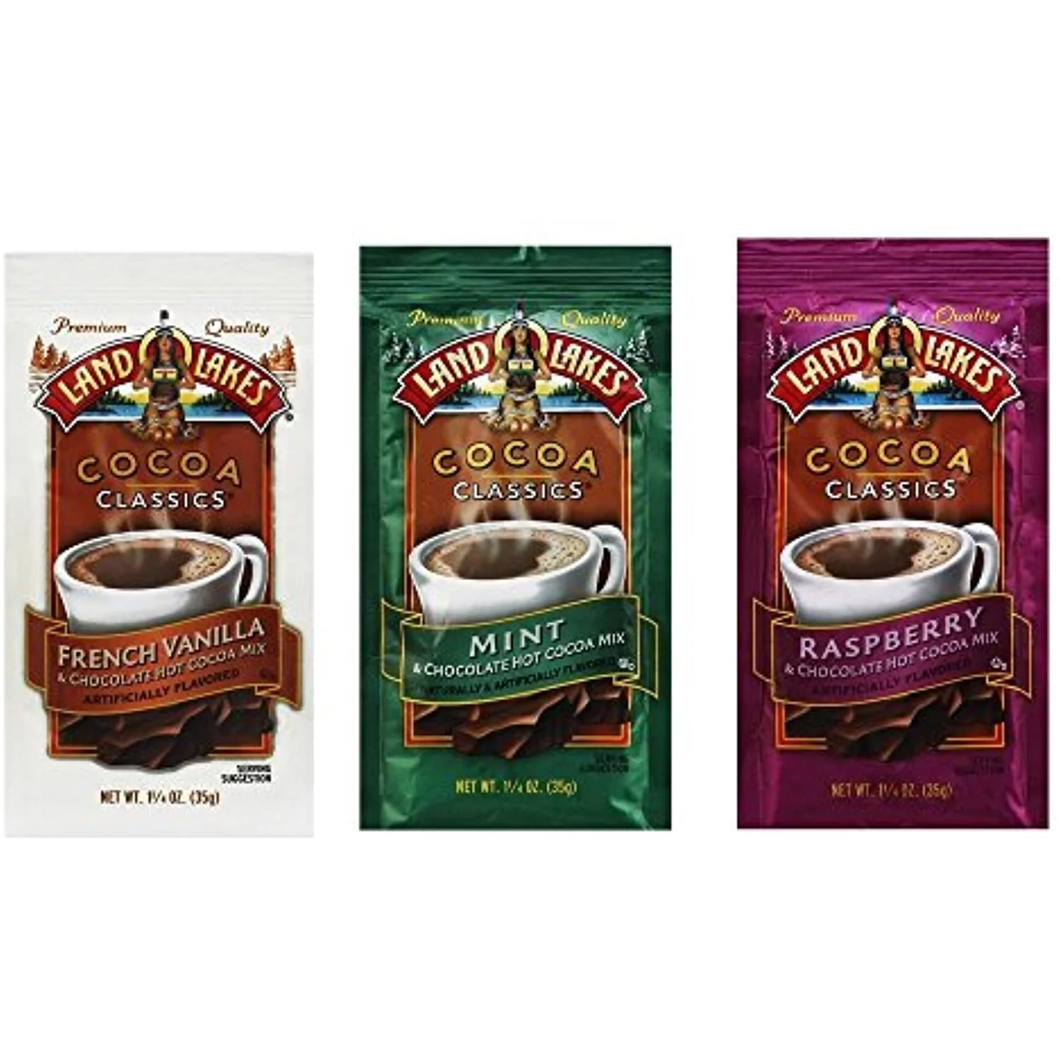 Land O Lakes Hot Chocolate Cocoa Classics Premium Mix 3 Pack Bundle - I Box French Vanilla, 1 Box Mint & 1 Box Raspberry With Chocolate Hot Cocoa Mix (36 Counts)