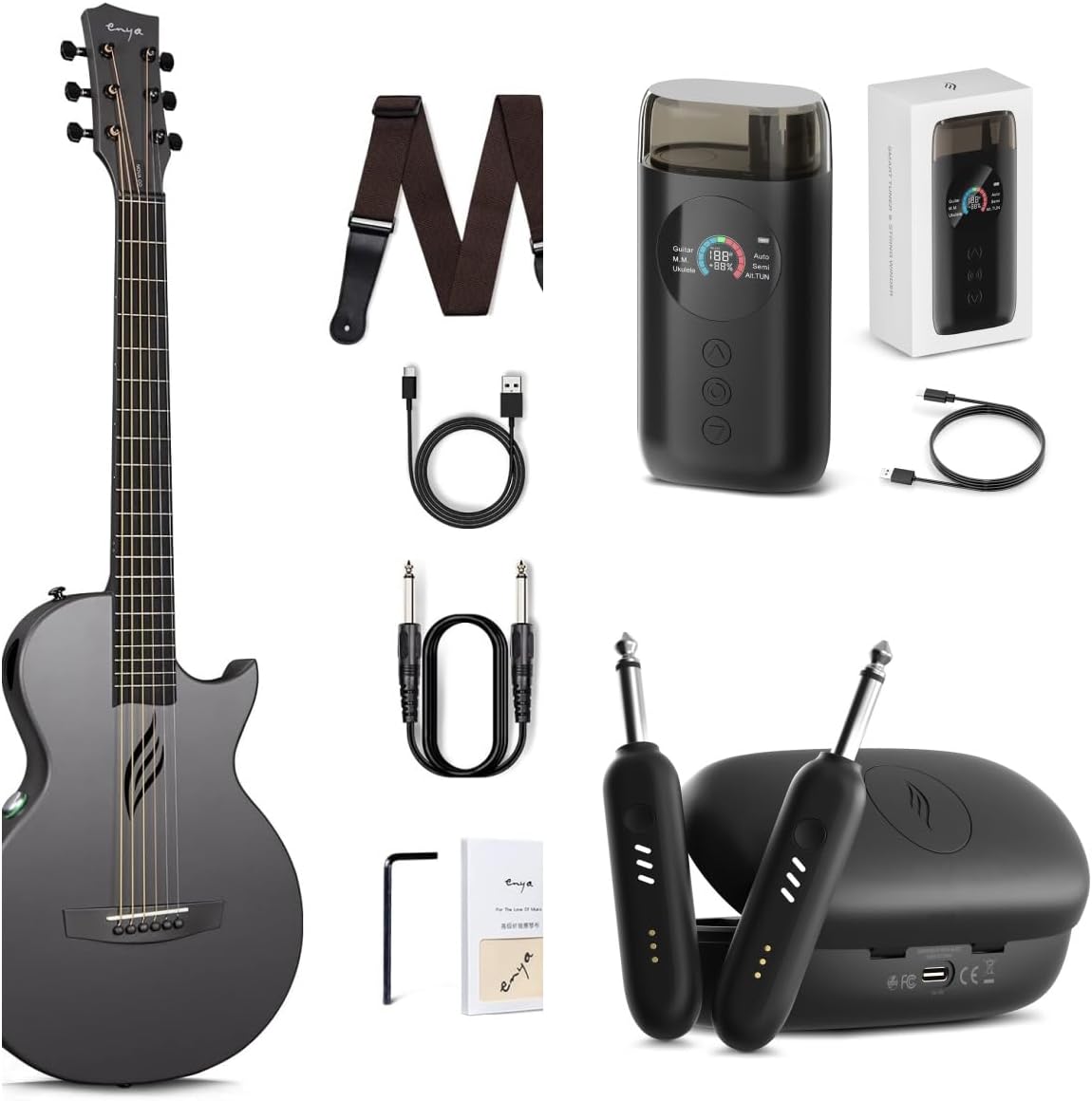 Enya NOVA Go SP1 Carbon Fiber Acoustic Electric Guitar with Smart AcousticPlus 35 Inch Travel Acustica Guitarra Starter Bundle Kit(Black) & Enya Smart Automatic Guitar Tuner & Wireless Guitar System