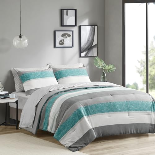 Madison Park Essentials Queen Comforter Set, Bed in A Bag Comforter & Sheet Set, Modern Casual Stripes Print, All Seasons, Soft Microfiber Bedding Makeover, Matching Shams, Queen Aqua/Grey 7 Piece