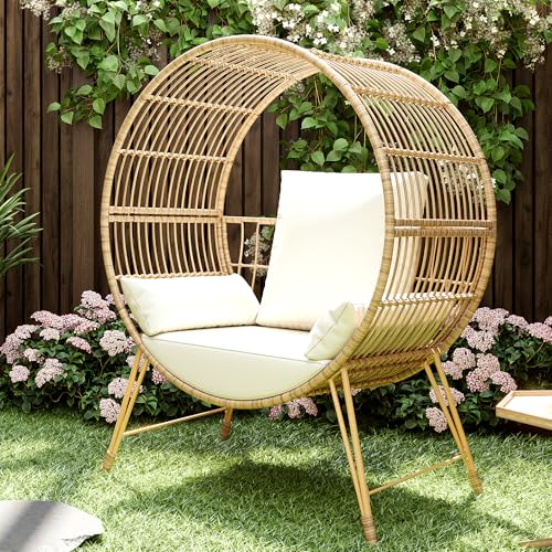 Brafab Outdoor Egg Chair, Oversized Wicker Patio Chairs with 6.69'' Cushions, 350LBS Capacity, Indoor Round Rattan Nest Chair with Stand, Easy Assembly Boho Chair for Living Room, Porch, Backyard