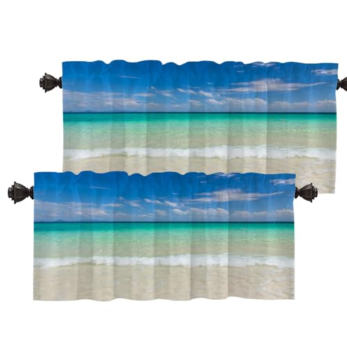 Batmerry Blue Ocean Tropical Beach Valances Half Window Curtain, Let Go to The Sea Beautiful Summer Beach Kitchen Valances for Bedroom Heat Insulated for Decor Set of 2 52x18 Inch