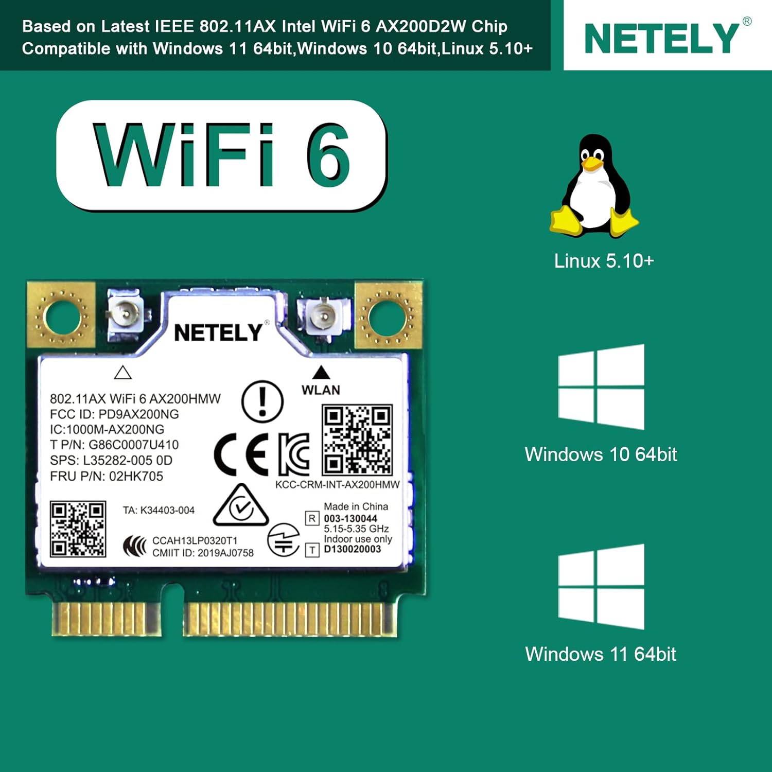 NETELY 802.11AX WiFi 6 AX200HMW Mini-PCIE Interface WiFi Bluetooth Adapter-WiFi 6 3000Mbps (2.4GHz 574Mbps & 5GHz 2400Mbps) Network Card with Bluetooth 5.2 (WiFi 6 AX200HMW) Pack of 2