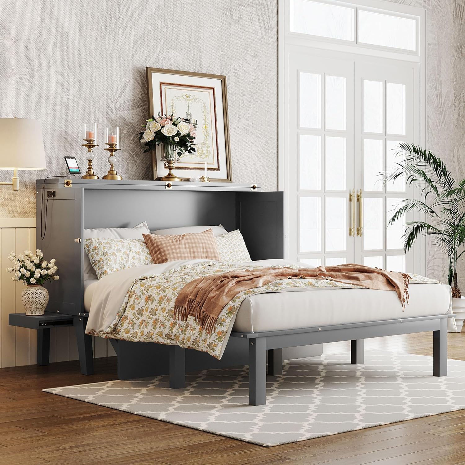 Murphy Bed Queen with Desk Board and Removable Shelves,Wooden Murphy Bed Cabinet with Charging Station, Space-Saving Modern Murphy Cube Wall Bed for Guest Room Home Office, Grey