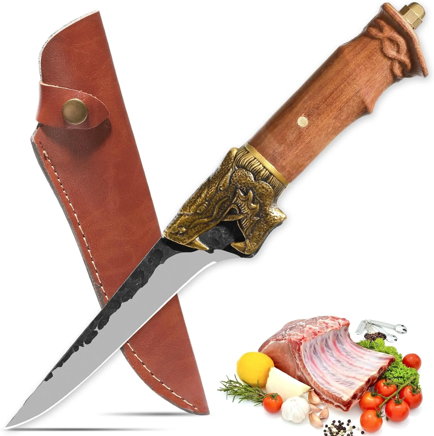 Qulajoy Fillet Knife - Hand Forged Camping Knife 7Cr17MOV Blade - with Dragon Handle and Leather Sheath - Boning Knives for Hunting & Camping