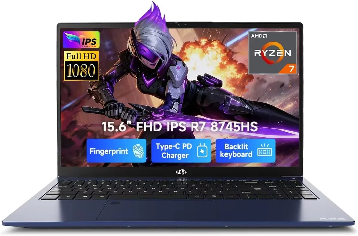 15.6" Gaming Laptop-IPS FHD, AMD Ryzen 7 8745HS Radeon 780M GPU (Beat R9 6900HX, up to 4.9GHz) 32GB DDR5 RAM 2TB SSD 100W Type-C Computer with Fingerprint USB-C 4.0 Backlit Keyboard
