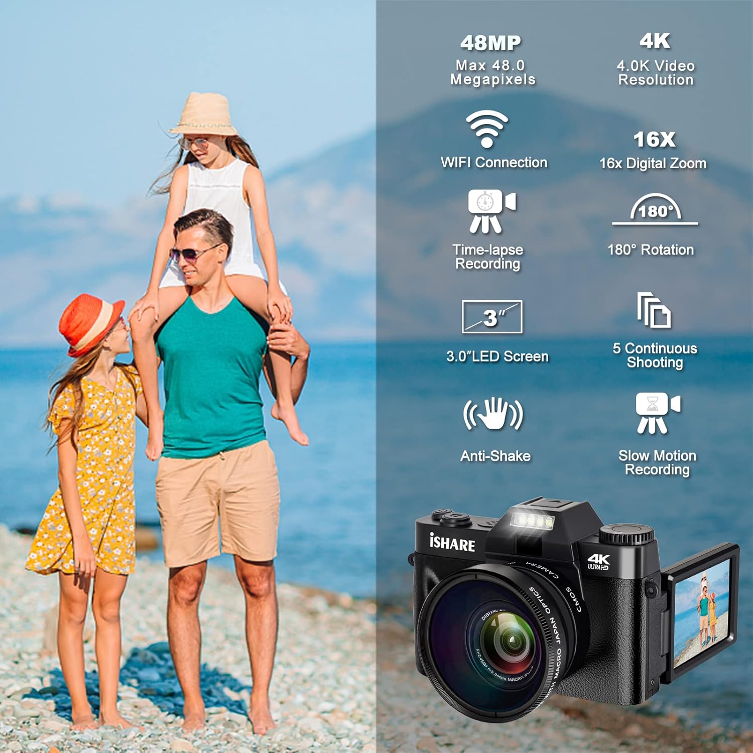 Vlogging Camera, 48MP Digital Camera 4K Video Camera for YouTube with WiFi, 3.0 Inch Flip Screen Camcorder, 16X Digital Zoom Blogging Camera with 32GB Micro Card