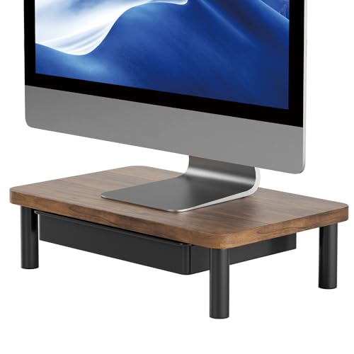 Sleek Wooden Monitor Stand Riser with Drawer, Height Adjustable Computer Monitor Stand for Perfect Ergonomic Eye Level, Multifunctional Desktop Organizer Stand for Laptop, PC, Printer(Black)