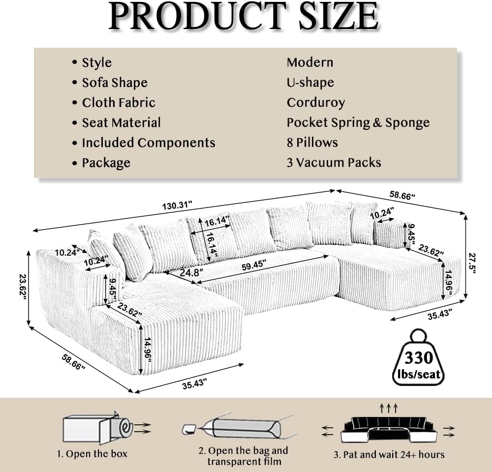 130'' Modular Sectional Sofa, Double Chaise Lounge, U Shape Sectiona Couches, Modern Minimalist Cloud Sofa, 8 Pillows, Corduroy Block 4 Seater Couch for Living Room, Apartment, Hotel, Blue