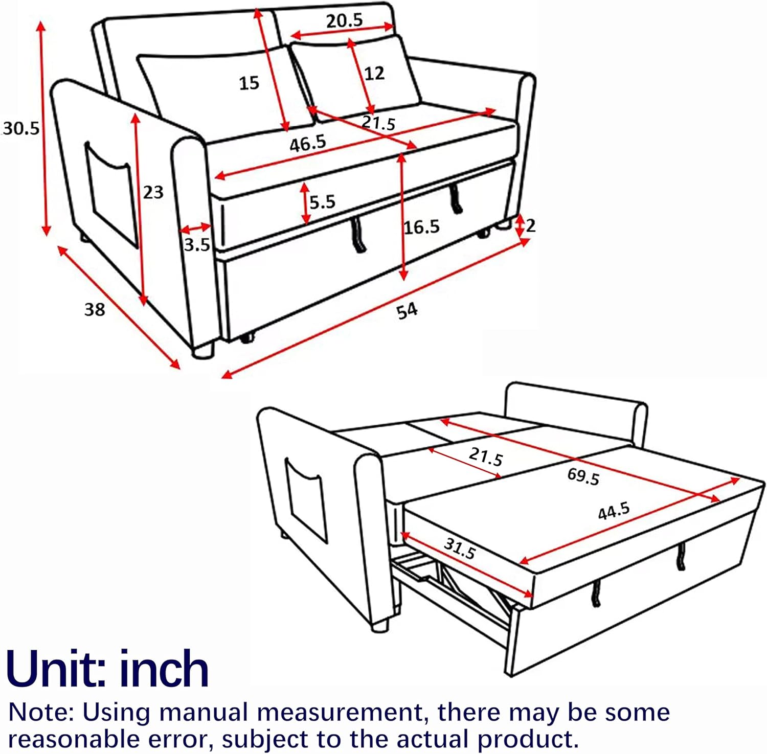 54 Inch Convertible Sleeper Sofa, 3-in-1 Versatile Velvet Loveseat with Pullout Bed, Couch with Adjustable Backrest, Lumbar Pillows and Side Pockets for Living Room Bedroom Apartment, Black