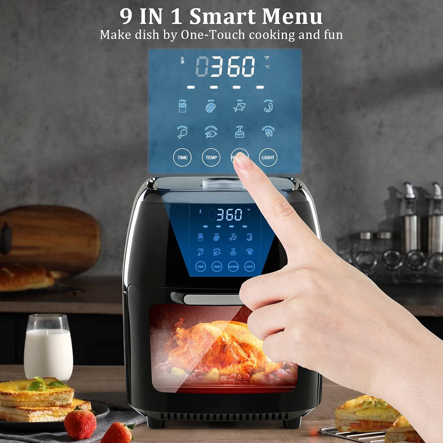 Air Fryer, 12.7-Quarts Air Oven, Rotisserie Oven, 1700W Electric Air Fryer Oven with LED Digital Touchscreen, 9-in-1 Countertop Oven with Dehydrator & Rotisserie, 8 Accessories & Recipes