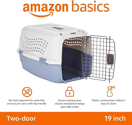 Amazon Basics 2-Door Top-Load Hard-Sided Dogs, Cats Pet Travel Carrier, Gray & Blue, 22.8
