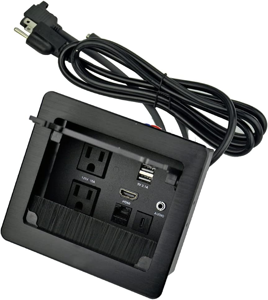 Tabletop Brush Connectivity Box with 2 AC Power + 2 USB Charger + HDMI + 1 3.5mm Audio + USB-C Data + RJ45(cat6) for Conference (Silver) Pack of 2